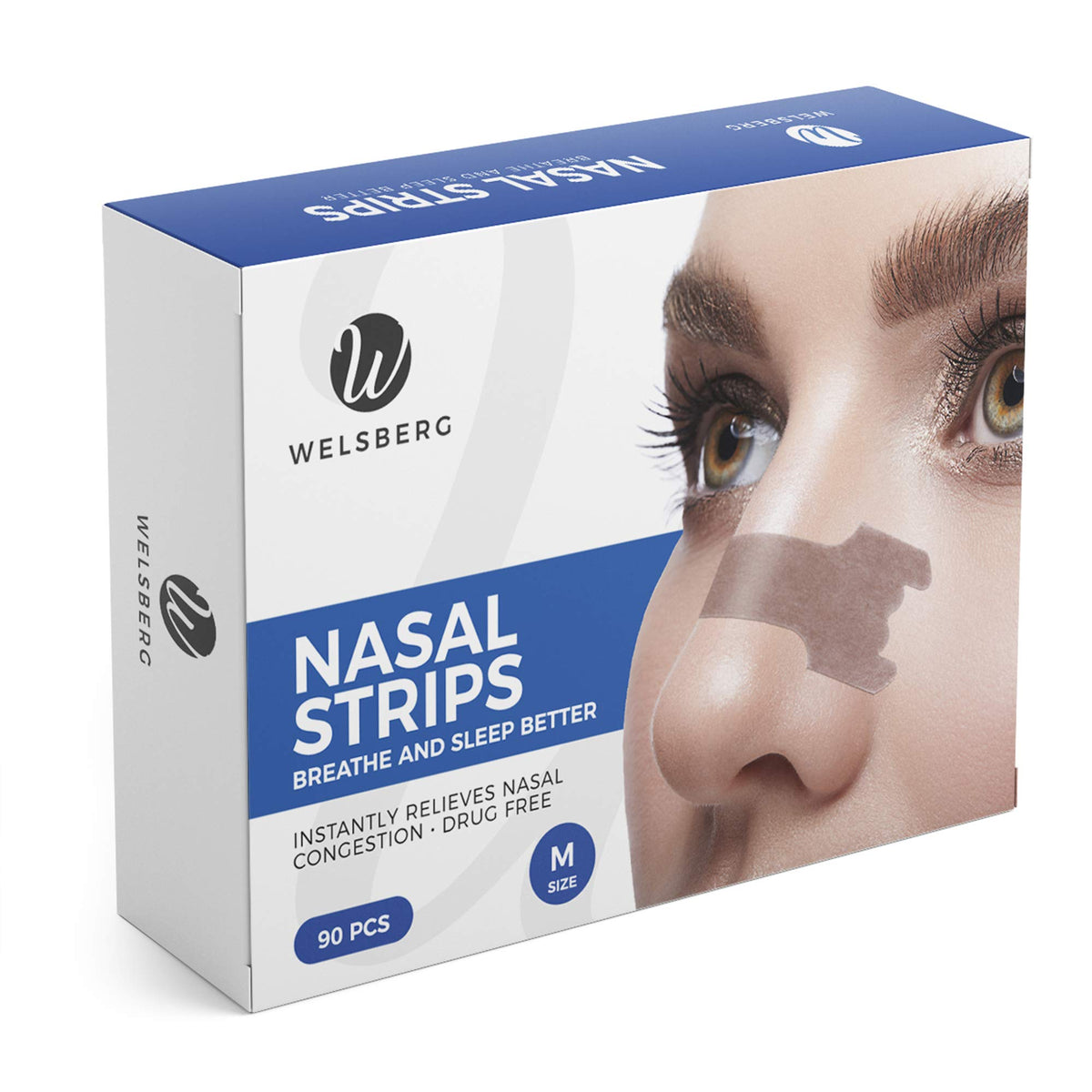 Welsberg 90x Snore Stopper Anti Snoring Nasal Strips, Stop Snoring and Relieve Nasal Congestion Nose Strip for Men Women, Size M, 2.1x0.6 inches