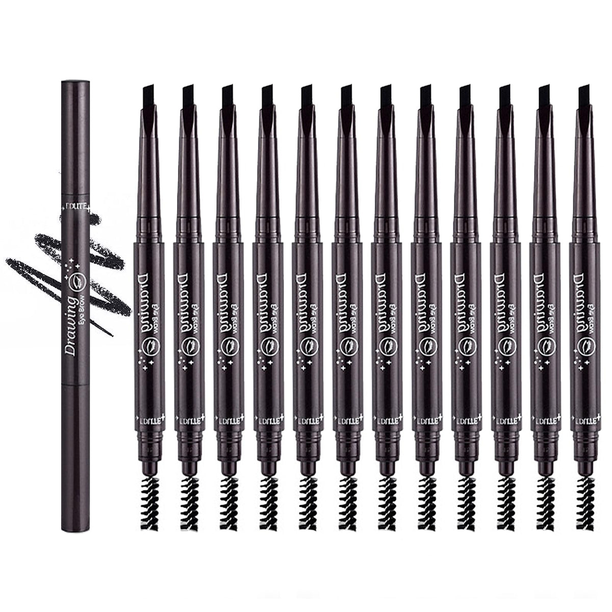 Jutqut 12PCS Black Eyebrow Pencil Set, Retractable Eyebrow Pencil with Brow Brush, Professional Eyebrow Shaping Filling Pencil for Women Eye-Makeup, Easy to Color, Waterproof and Long-lasting