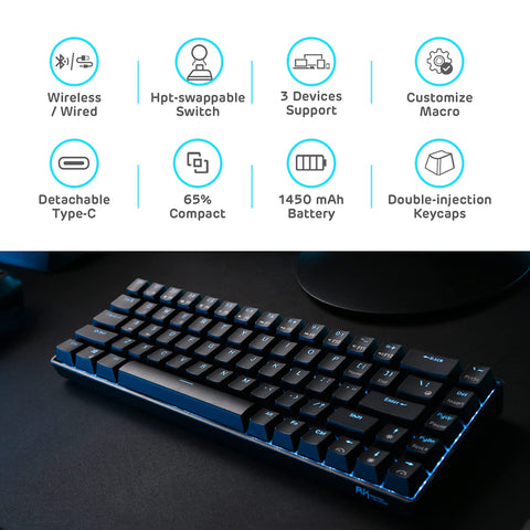 RK ROYAL KLUDGE RK68 Wireless Hot Swappable 65% Mechanical Keyboard, 68 Keys Compact BT5.0 Gaming Keyboard with Stand-Alone Arrow/Control Keys, Black, Quiet Red Switch