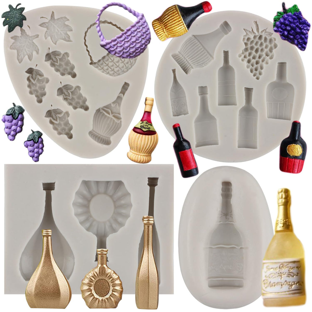MYPRACS Wine Bottles Silicone Mould Wine Glass Cup Fondant Moulds Grape Champagne Bottle Candy Moulds for Cupcake Topper Cake Decorating Chocolate Candy Craft Gum Paste Set of 4