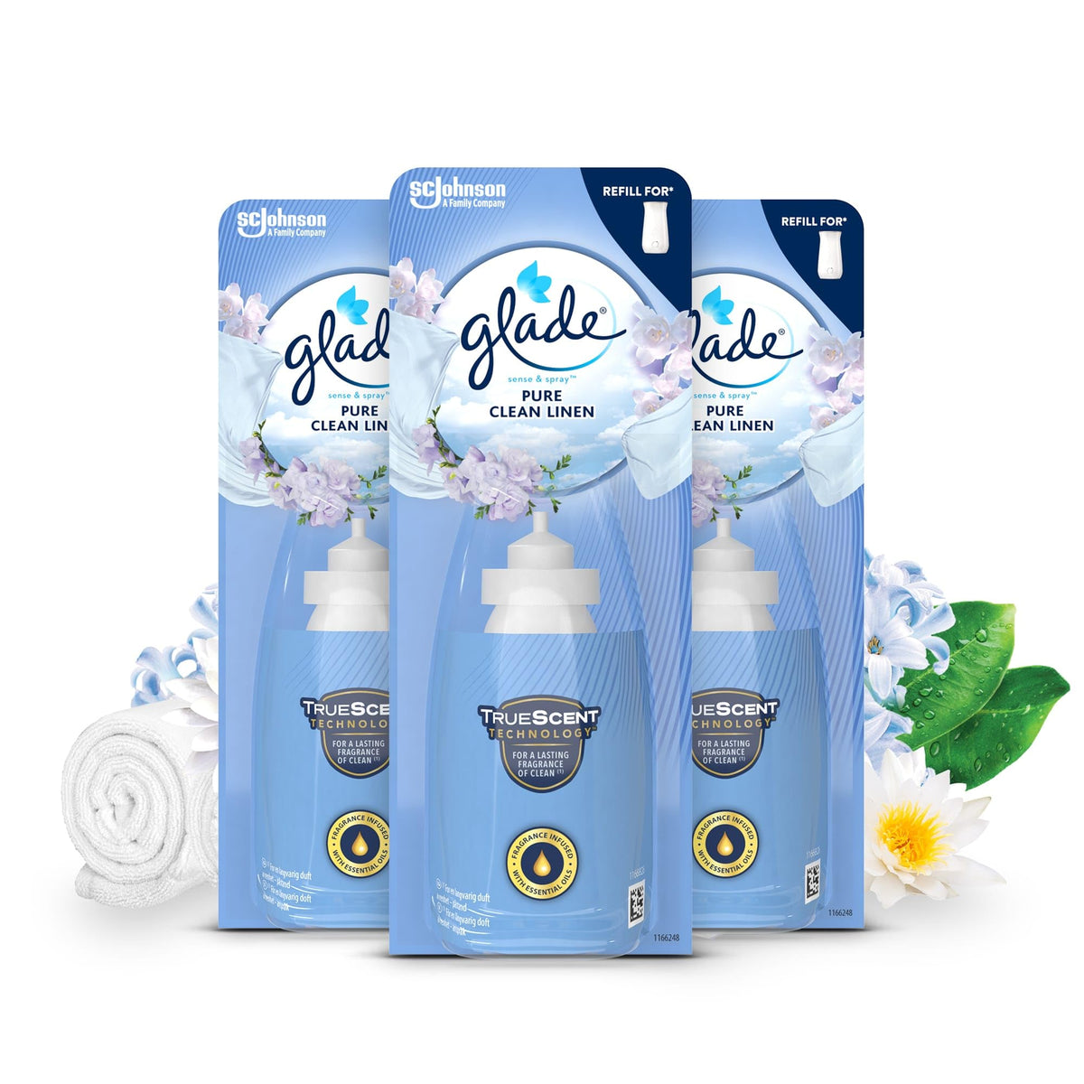 Glade Sense & Spray Air Freshener Refill, Motion Activated Automatic Room Spray and Odour Eliminator for Home, Clean Linen, 3 Refills (3 x 18ml)