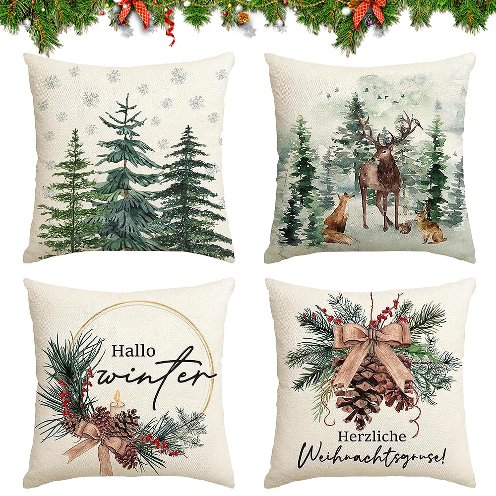 HIQE-FL Pack of 4 Christmas Cushion Covers, 40 x 40 cm, Decorative Cushion Cover, Christmas Cushion Cover, Rehntier