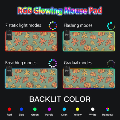 Autumn Fall Leaves Pumpkins Thanksgiving Wireless Charging Mouse Pad for Mobile Phone Extra Large Gaming Mousepad with 13 Lighting Modes Computer Mat for Gaming MacBook PC Laptop Desk Office Home