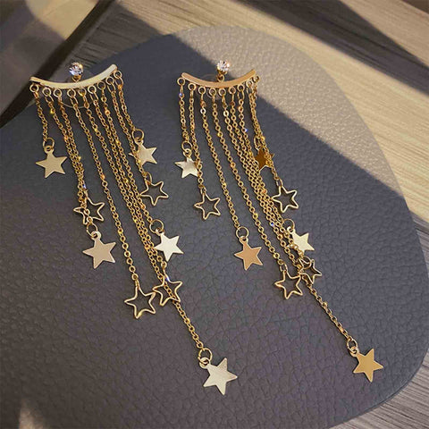 Yheakne Boho Star Chain Tassel Earrings Gold Star Dangle Earrings Long Chain Drop Earrings Tiny Star Fringe Chain Earrings Jewelry for Women and Girls