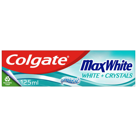 Colgate Max White White + Crystals Toothpaste 125ml | teeth whitening toothpaste | restores natural whiteness | 10x longer lasting cooling than regular fluoride toothpaste | fights cavities