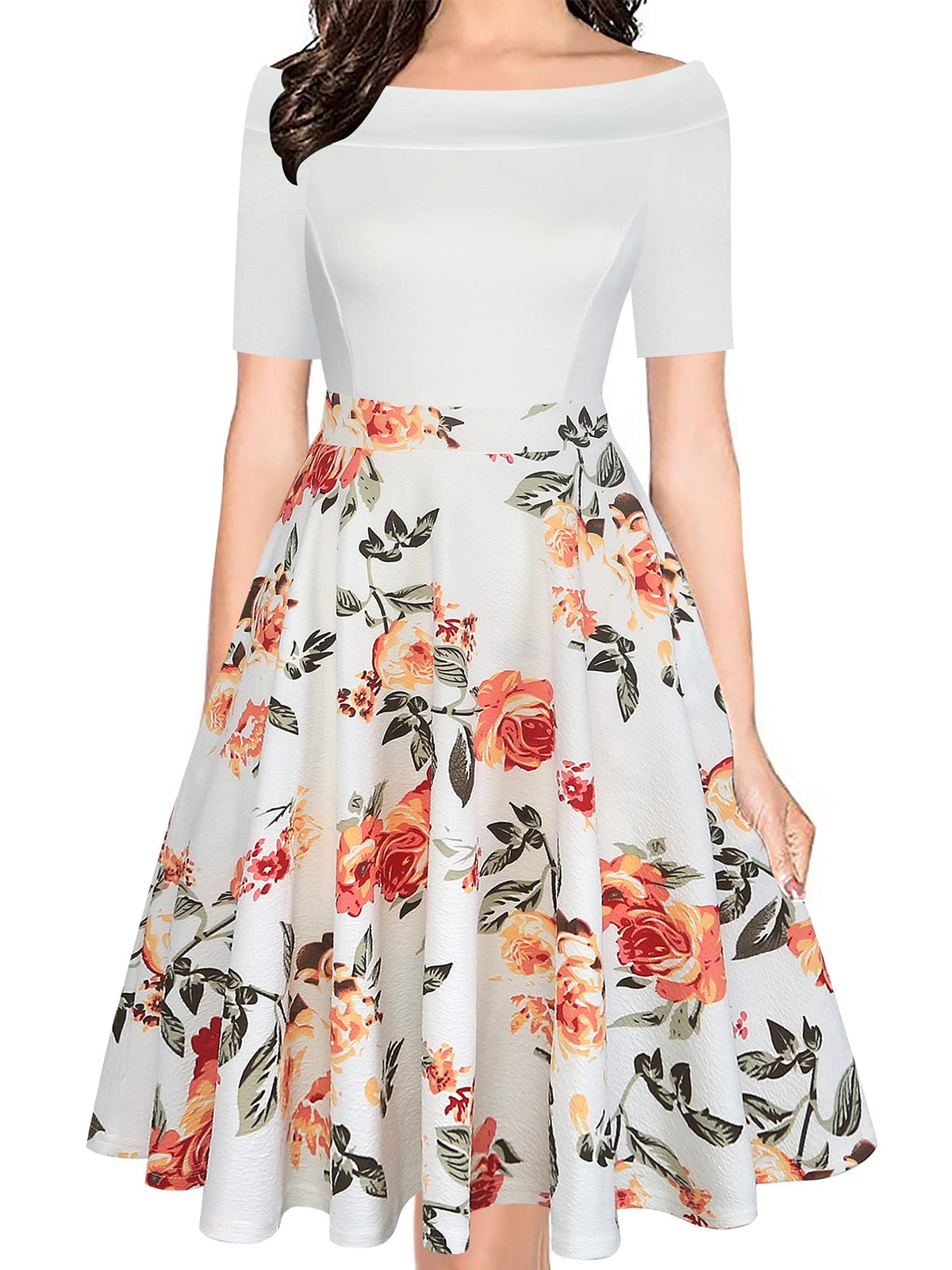 oxiuly Women's Boat Neck Floral Casual Dress Off Shoulder Party Wedding White Bridesmaid Swing Dresses with Pockets OX232 (White-Floral, M)