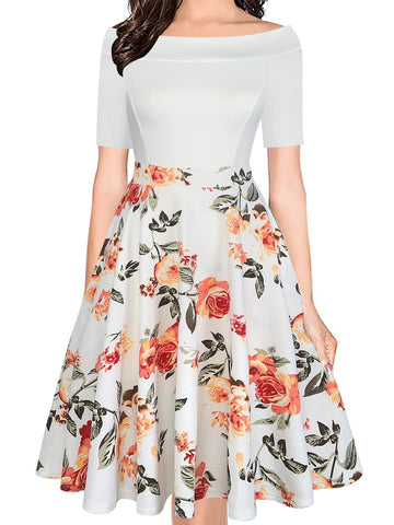 oxiuly Women's Boat Neck Floral Casual Dress Off Shoulder Party Wedding White Bridesmaid Swing Dresses with Pockets OX232 (White-Floral, M)