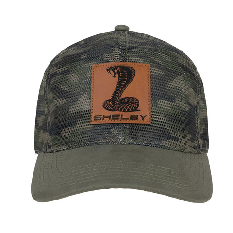 Carroll ShelbyÂ® Leather Patch Olive Camo Baseball Cap - Stiff Double Layered Mesh - Fine-Gauge Cotton Canvas Brim - One-Size Fits All Snap Closure - Officially Licensed Product