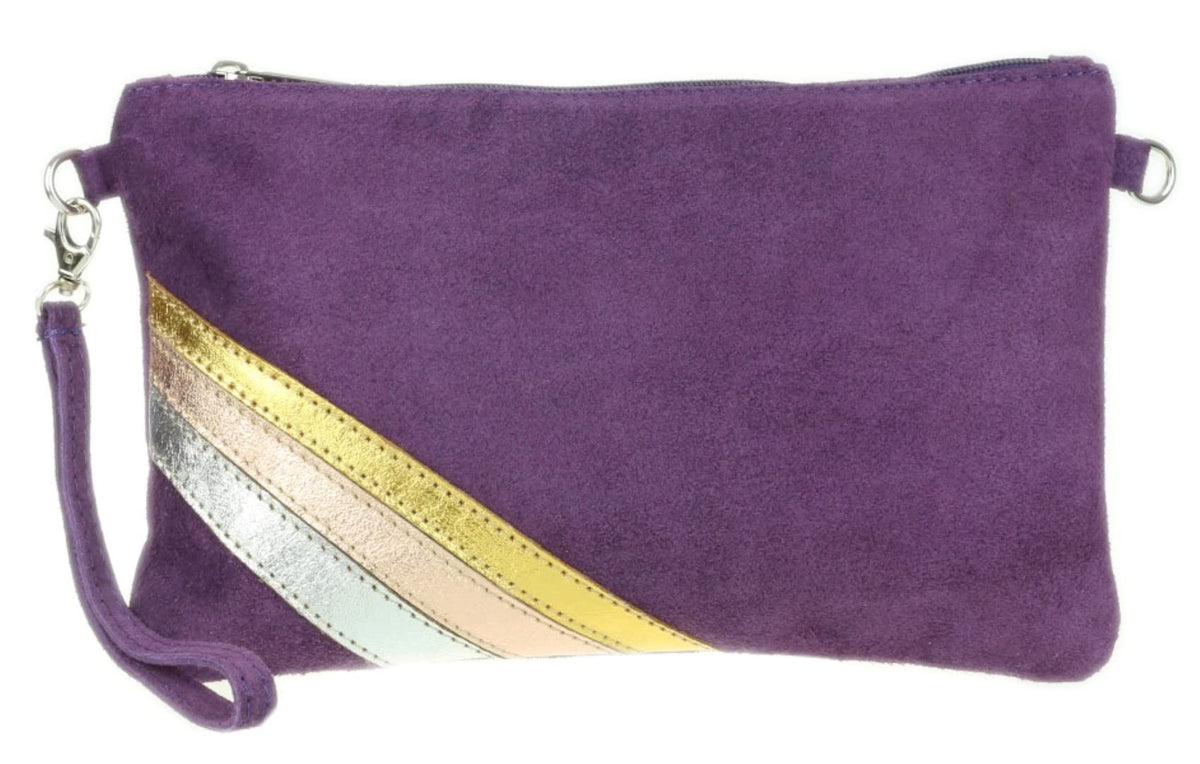 Girly Handbags Womens Striped Italian Genuine Suede Clutch Bag - Dark Purple