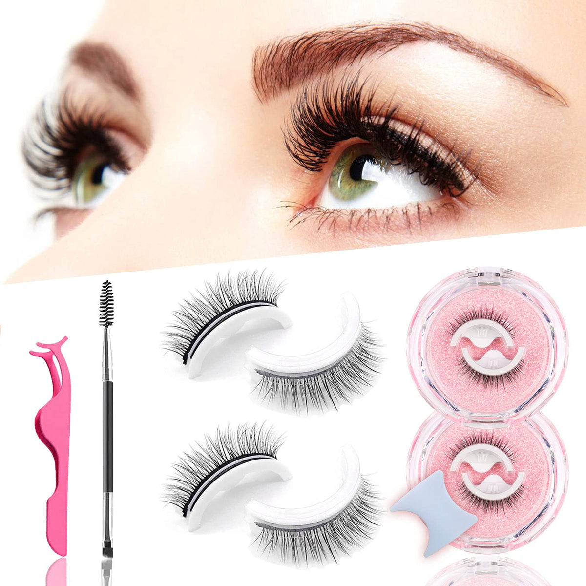 2 Pairs 2023 Reusable Self Adhesive Eyelashes No Glue or Eyeliner Needed, Easy to Put on Natural Look Waterproof False Lashes with Eyelash Curler and Brush for Women