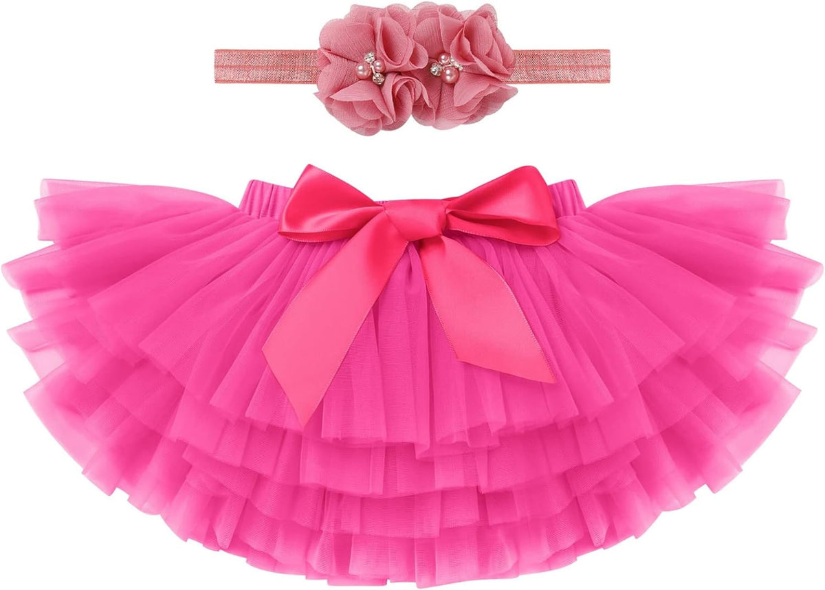 Baby Girl Pink Tulle Tutu Skirt Diaper Cover Photoshoot Birthday Party Outfits with Headband 6-12 Moths