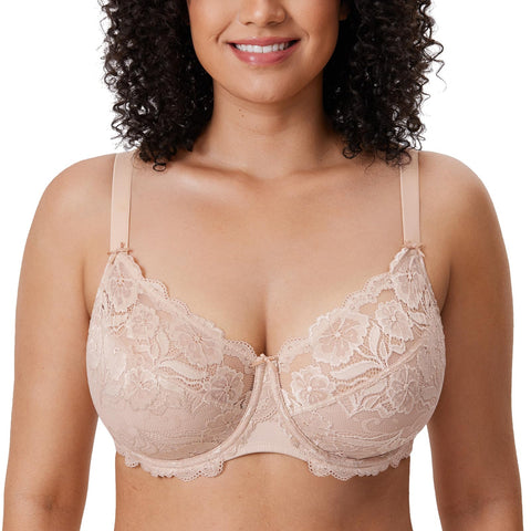 DELIMIRA Women's Plus Size Bras Full Coverage Lace Underwire Unlined Bra Up to J Beige 34E