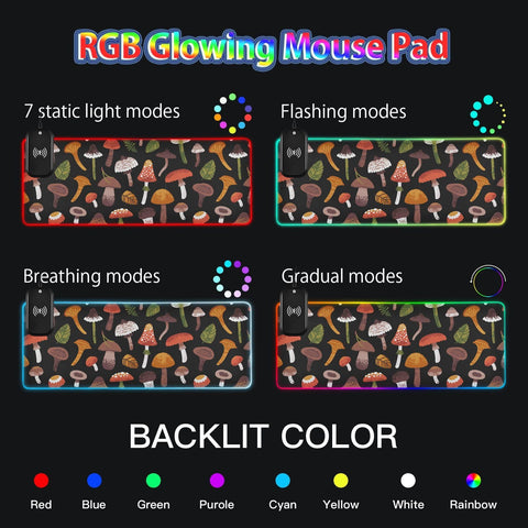 Cute Mushrooms and Leaves Wireless Charging Mouse Pad for Mobile Phone Extra Large Gaming Mousepad with 13 Lighting Modes Mouse Mat for Office Home Gaming MacBook PC Laptop Desk