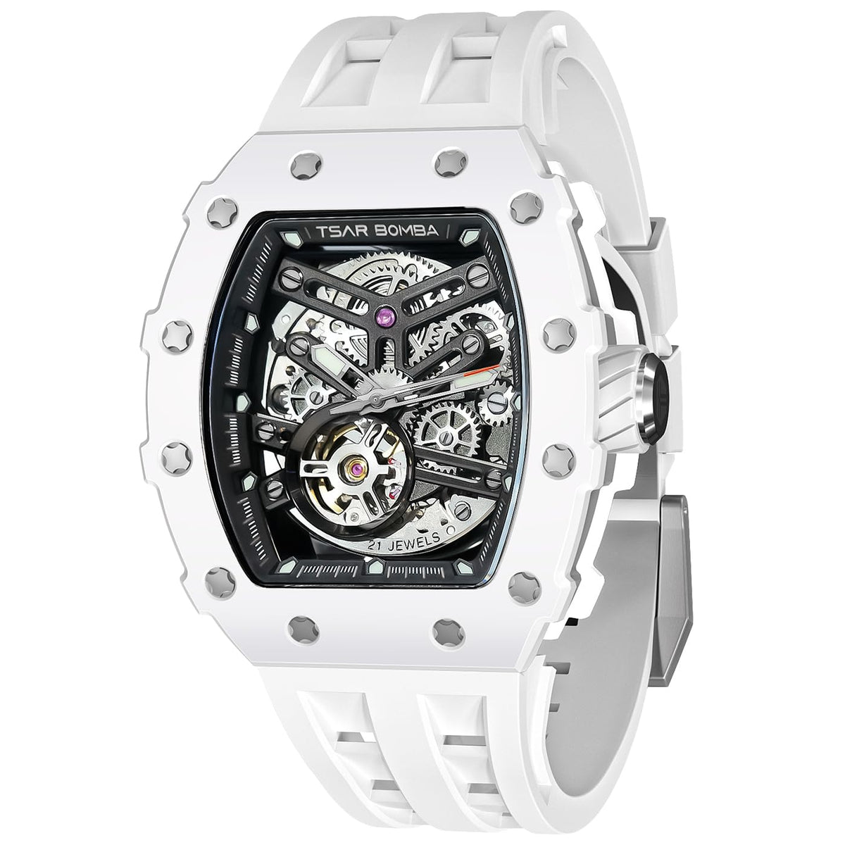 TSAR BOMBA Luxury Mens Automatic Watches - Ceramic Bezel - Sapphire Glass - 50M Waterproof - Tonneau Men's Wrist Watch Silicone Band Luminous Elegant Gifts for Men