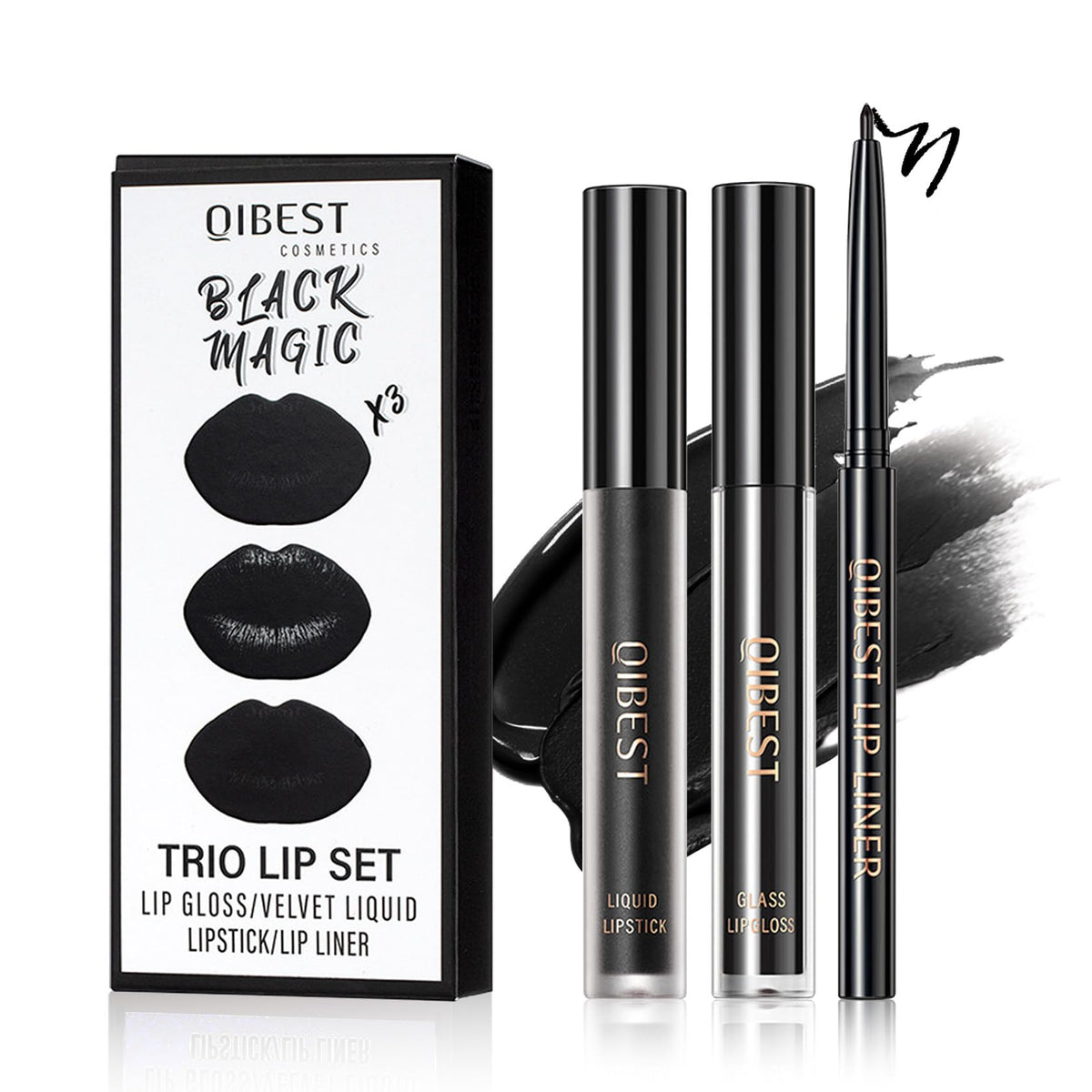 QIUFSSE 3 in 1 Black Lip Liner Pencil and Lipstick lipgloss Set Matte Black Lipstick Lip Gloss Kit Long-lasting Nonstick Cup Smudge Proof Lip Kits with Lip Liner,Velvet Goth Makeup (12#Black Magic)