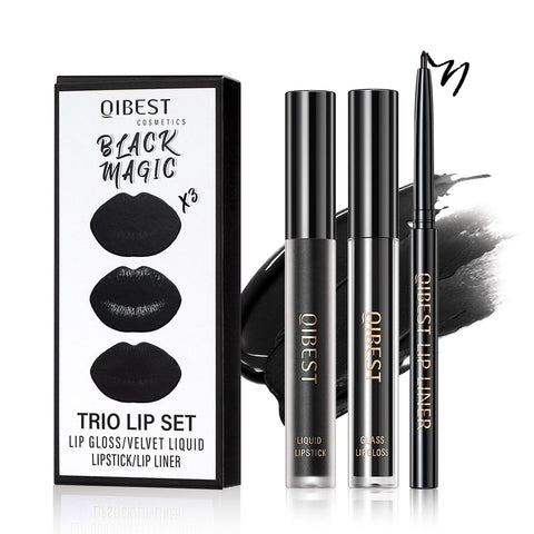 QIUFSSE 3 in 1 Black Lip Liner Pencil and Lipstick lipgloss Set Matte Black Lipstick Lip Gloss Kit Long-lasting Nonstick Cup Smudge Proof Lip Kits with Lip Liner,Velvet Goth Makeup (12#Black Magic)