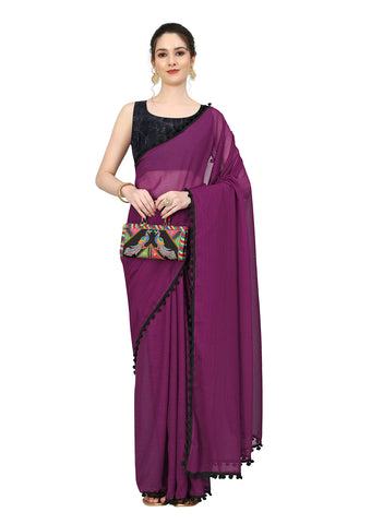 Sidhidata Women's Georgette Pom-Pom Lace Boardered Saree With Unstitched Blouse Piece (Zomato) (Jamli)