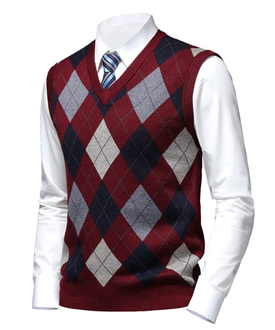 Herothorn Men's Thick Argyle Sweater Vests Classic V-Neck Knitwear Jumper Waistcoat Wool Blend Sleeveless Cardigan with Buttons Warm Plaid Tank Tops Autumn Winter