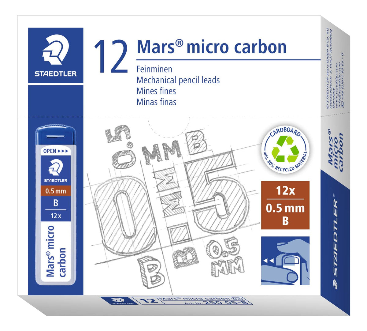 Staedtler Mars Micro Carbon Mechanical Pencil Refills, Tube of 12 0.5mm B Fine Point Graphite Leads, 250 05-B