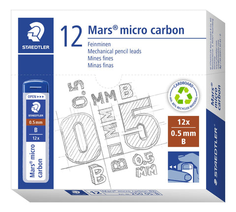 Staedtler Mars Micro Carbon Mechanical Pencil Refills, Tube of 12 0.5mm B Fine Point Graphite Leads, 250 05-B
