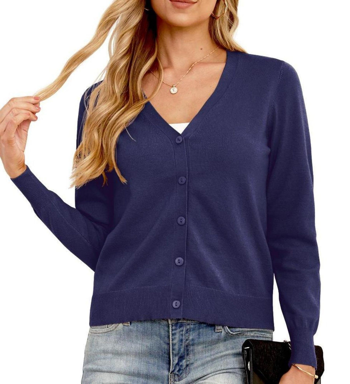 GRECERELLE Womens Cardigan Cardigans for Women UK Button V Neck Long Sleeve Down Lightweight Cardigan (Navy Blue, M)