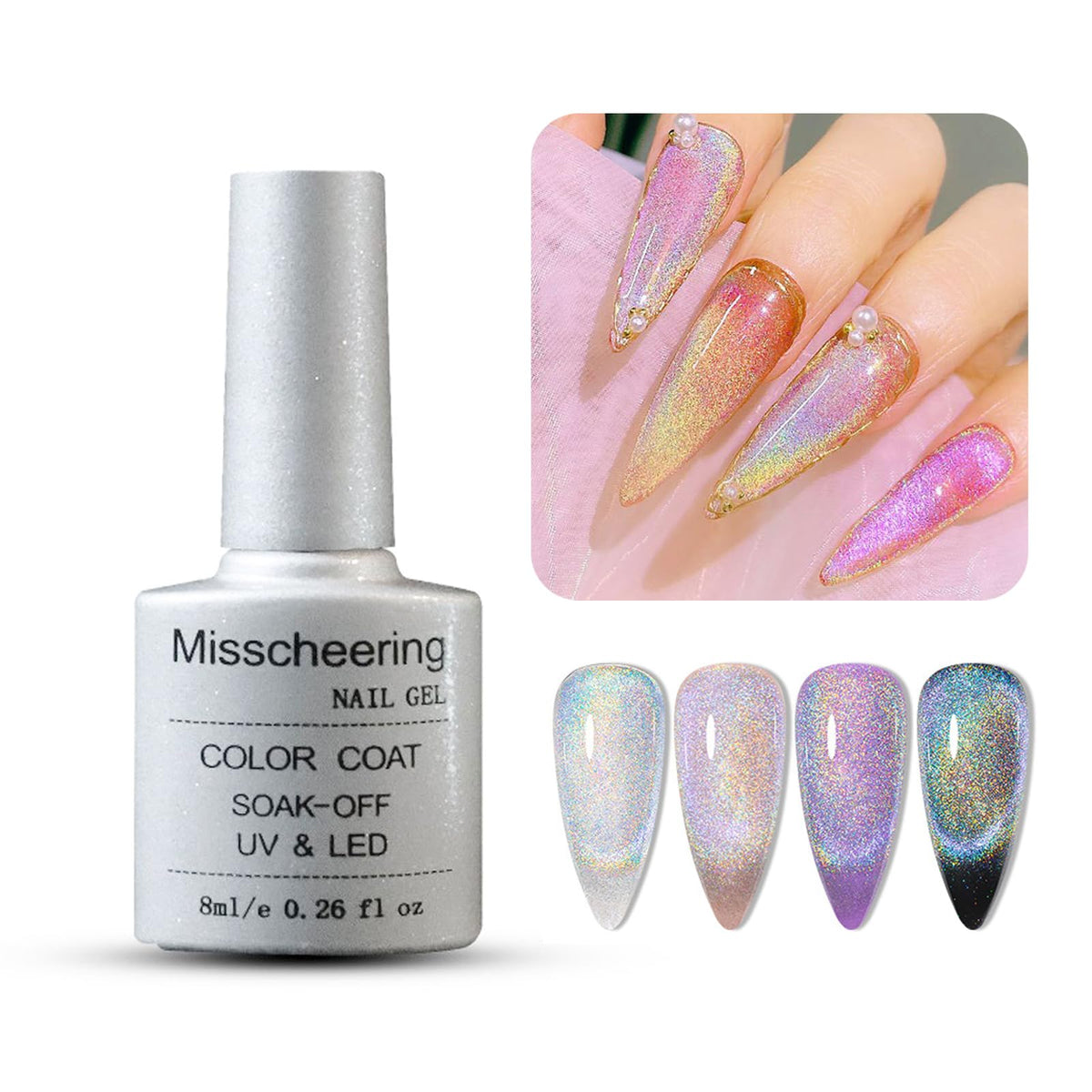 Universal Rainbow Cat Eye Gel Nail Polish, Glitter Holographic Gel Polish,Colourful Laser Sparkle Shiny Nail Polish Long Lasting Soak-Off Gel Magnetic Nail Polish (Rainbow)