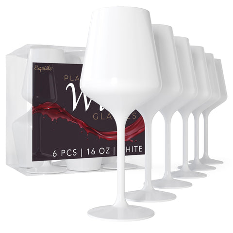 Exquisite 6 Plastic Wine Glasses Disposable 16 Oz Plastic Drinking Glasses - White Plastic Wine Glasses with Stem the Disposable Wine Glasses for Parties and Events for Indoor and Outdoor Use