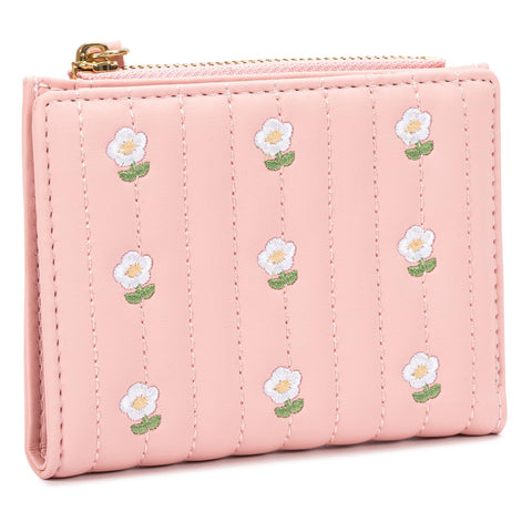 Kunoli Small Wallet for Women, Bi-fold Womens Wallet Credit Card Holder, RFID Blocking Purse with Zipper Coin Pocket, Cute Leather Small Purses for Women Girls Ladies Mini Short Purse (Flowers-Pink)