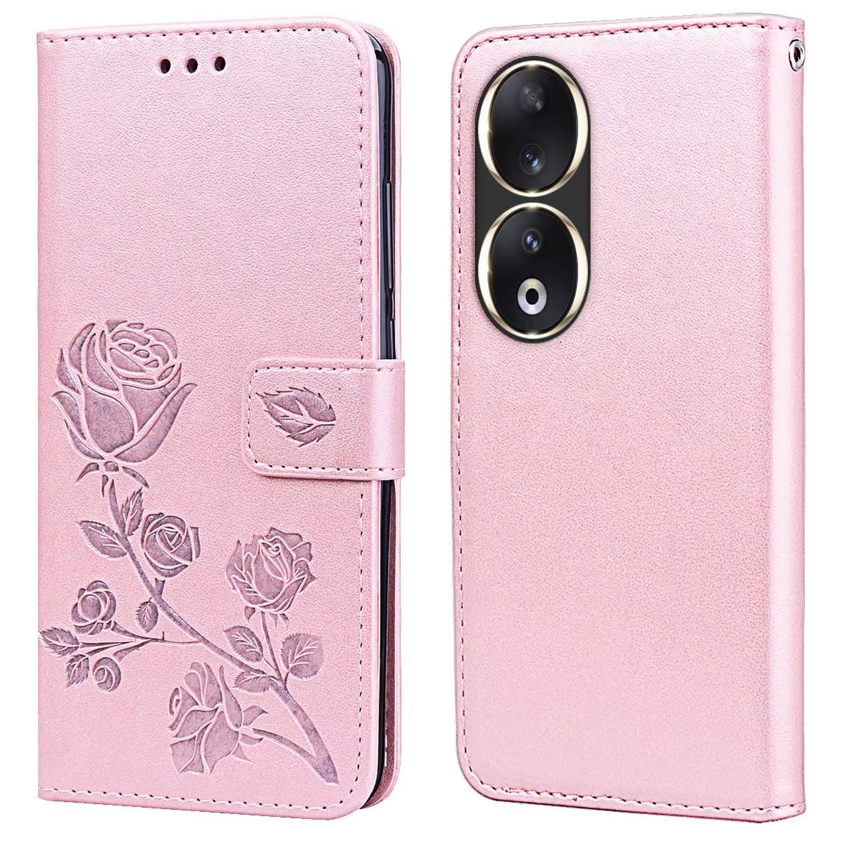 RankOne Leather Wallet Case for HONOR 90 5G (6.7" Inches), with Card Holder Rose Pattern Design Cover Folio Flip Case - Rose Gold