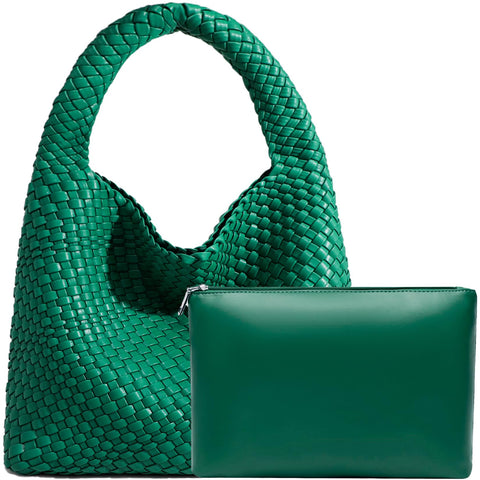 Women Vegan Leather Hand-Woven Tote Handbag Fashion Shoulder Top-handle Bag All-Match Underarm Bag with Purse (Green)