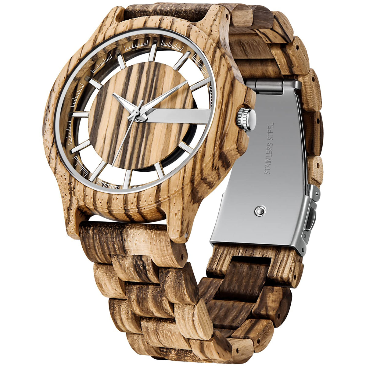 Tiong Brown Stripe Wooden Quartz Men's Watch, Quartz Movement Roman Digital Dial Wooden Watch, Wooden Strap Watch for Men-Brown