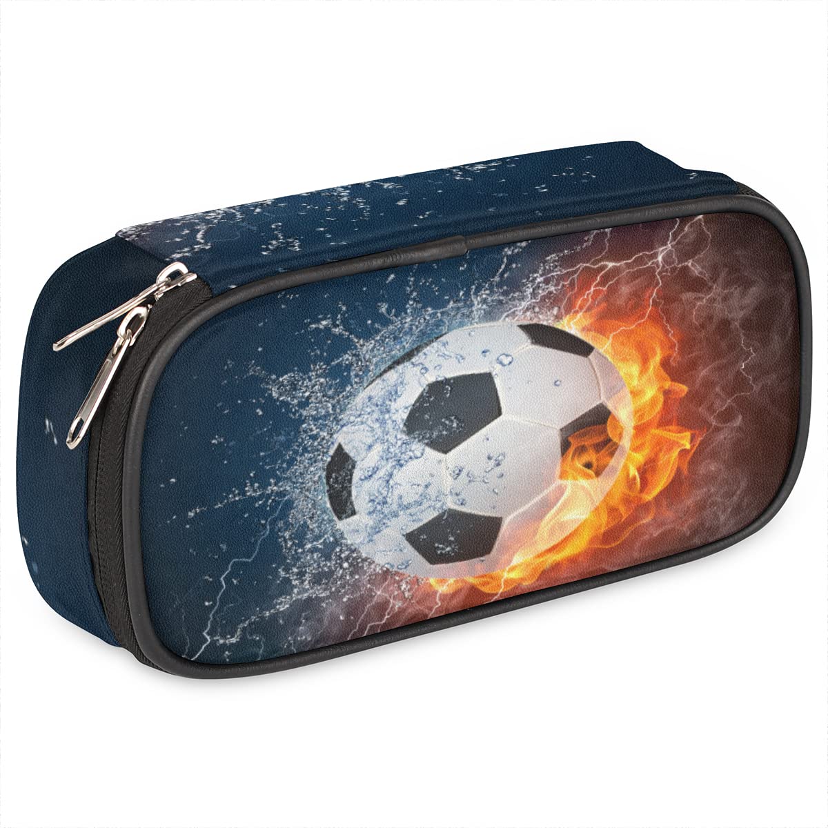 Soccer Big Capacity Pencil Pen Case Flame Soccer Large Pencil Pouch with Zipper Compartments Pencil Bag for Boys Girls Adults Student Office School Supplies