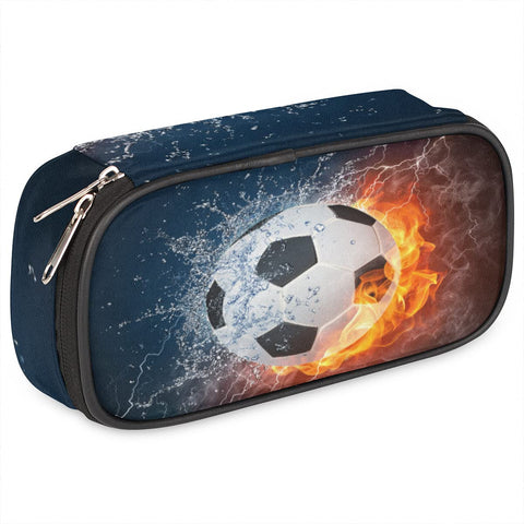 Soccer Big Capacity Pencil Pen Case Flame Soccer Large Pencil Pouch with Zipper Compartments Pencil Bag for Boys Girls Adults Student Office School Supplies