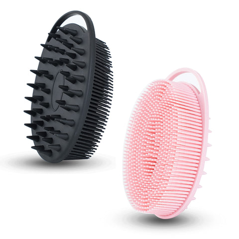 2 PC Silicone Exfoliating Body Scrubber, 2 in 1 Silicone Body Shampoo Brush, Soft Silicone Loofah for Sensitive Skin, Shower Silicone Hair Scalp Massager, Easy to Clean, Lather Well (Black&Pink)