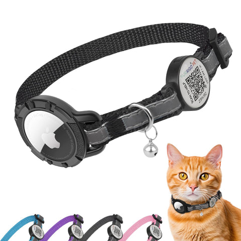 Airtag Cat Collar Breakaway with QR Code Name Tag, Reflective cat Collar airtag Holder with Bell, Cat ID Tag Personalized, Ultra-Durable, Adjustable, Quick Release, Fits Small Large Cats (8.5-11.5")