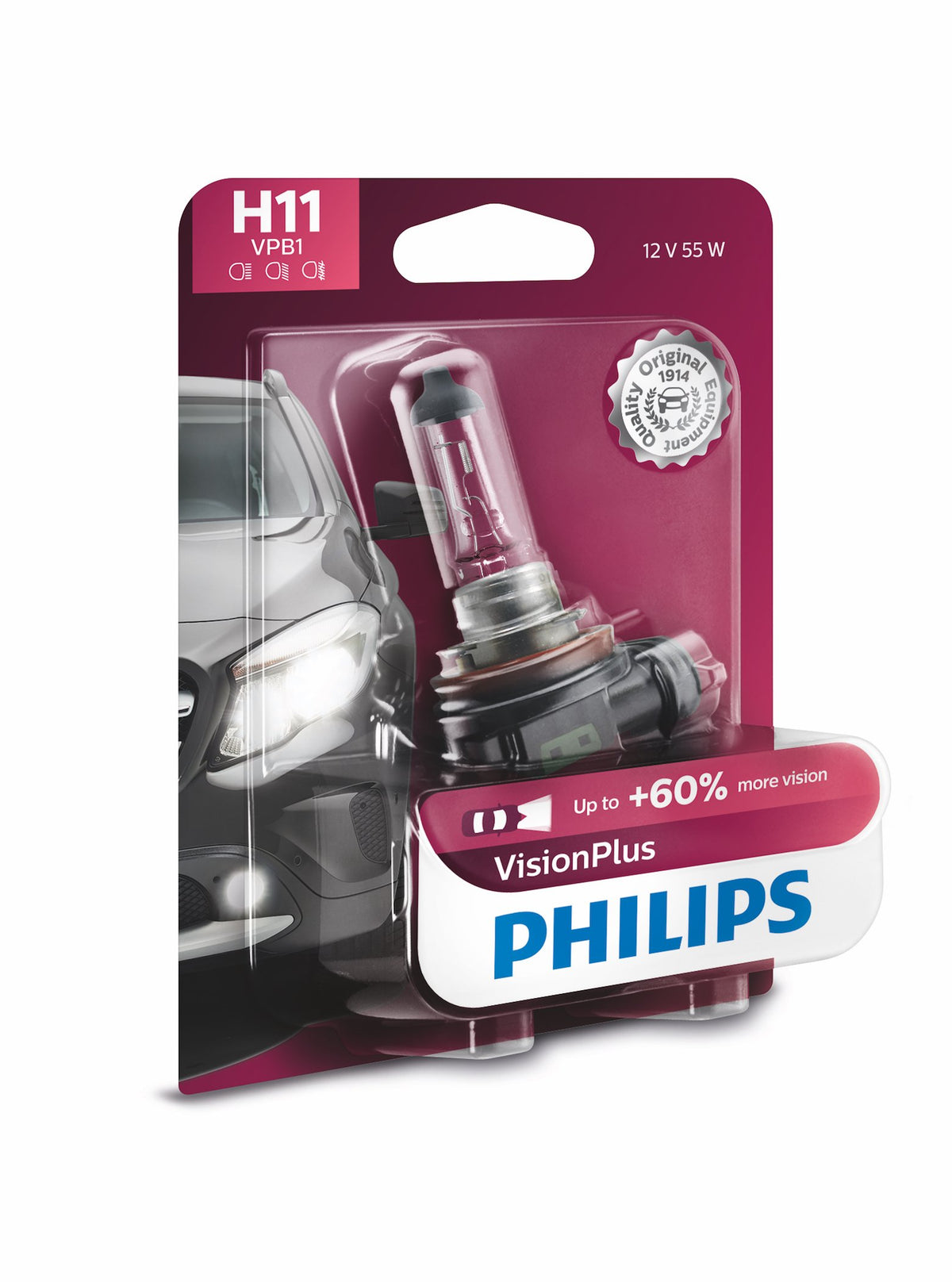 PHILIPS H11 VisionPlus Upgrade Headlight Bulb with up to 60% More Vision, 1 Pack