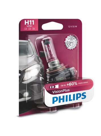 PHILIPS H11 VisionPlus Upgrade Headlight Bulb with up to 60% More Vision, 1 Pack