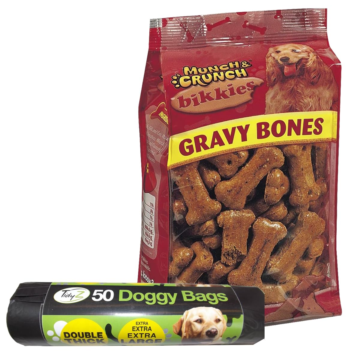 Dog Food BIKKIES GRAVY BONES 300G With Extra Large 50 Pieces Degradable Doggy Waste Bags with Handle Gravy Bone Shapes Biscuits for dogs - Tasty Beef Snacks & Dog Waste Bags Combo.