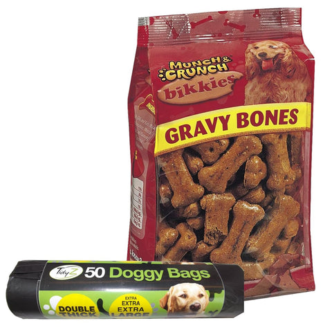 Dog Food BIKKIES GRAVY BONES 300G With Extra Large 50 Pieces Degradable Doggy Waste Bags with Handle Gravy Bone Shapes Biscuits for dogs - Tasty Beef Snacks & Dog Waste Bags Combo.