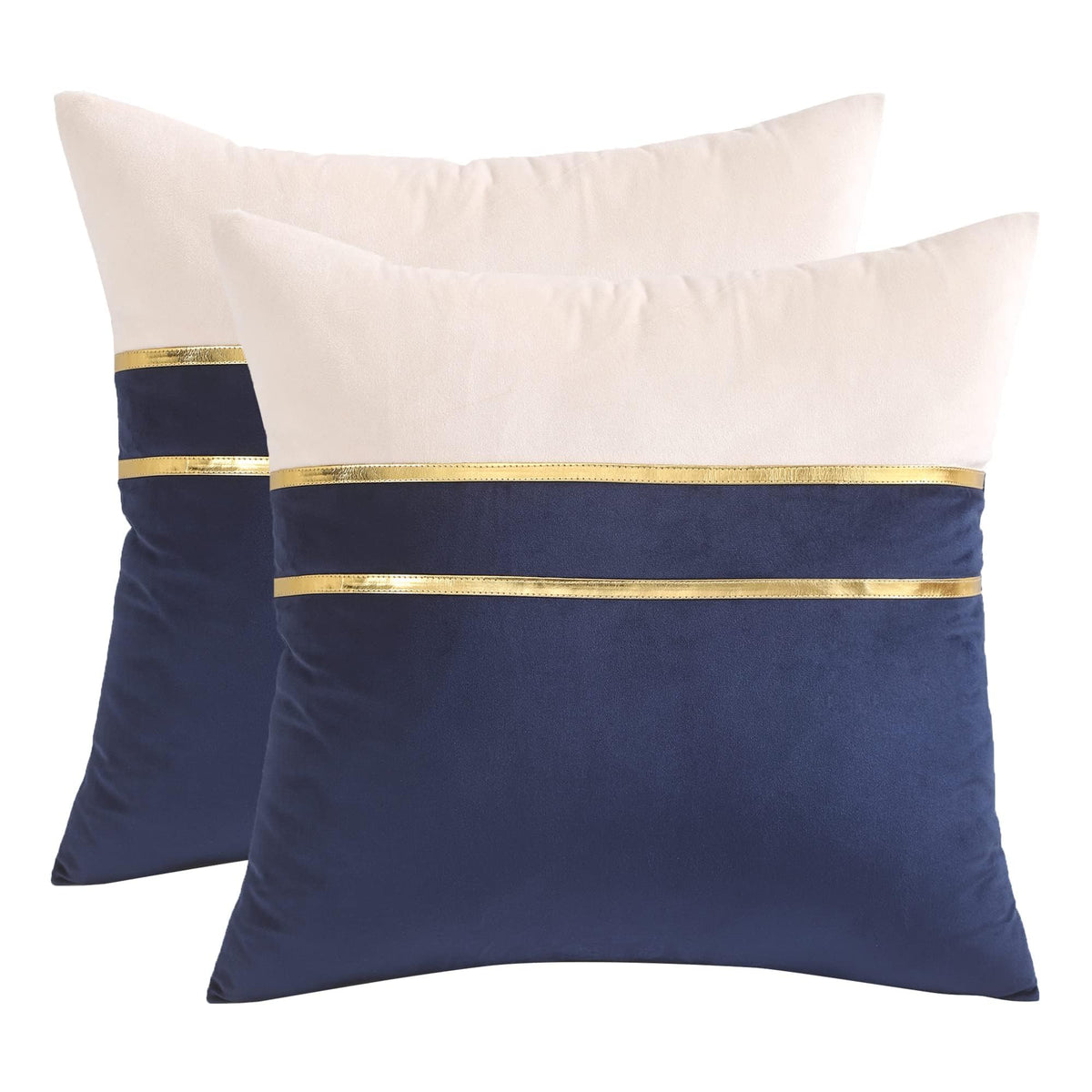 Tosleo Blue Velvet Cushion Covers Set of 2 Throw Pillow Covers 22x22 Inch with Gold Leather Soft Decorative Velvet Splicing Pillow Cover Farmhouse Couch Pillow Case Square Cushion Case