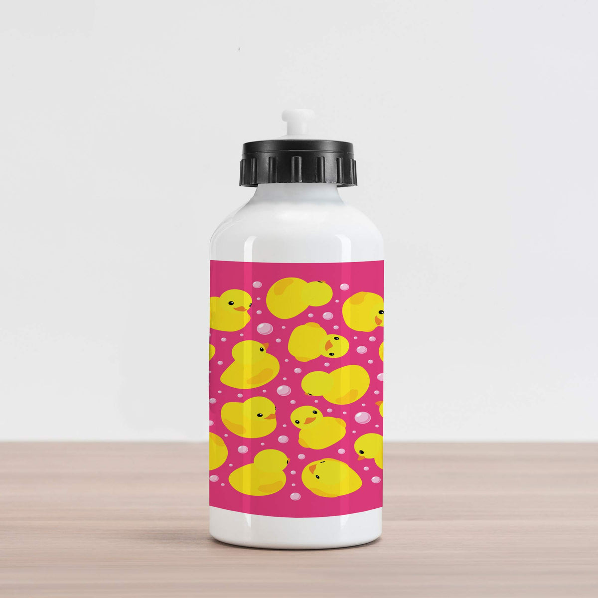 Ambesonne Rubber Duck Aluminum Water Bottle, Fun Duckies Circle Pattern Bath Toys Bubbles Animal Print, Insulated Spill-Proof Travel Sports Bottle, 16.9 oz, Yellow Pink