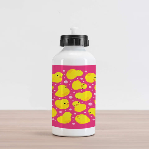 Ambesonne Rubber Duck Aluminum Water Bottle, Fun Duckies Circle Pattern Bath Toys Bubbles Animal Print, Insulated Spill-Proof Travel Sports Bottle, 16.9 oz, Yellow Pink