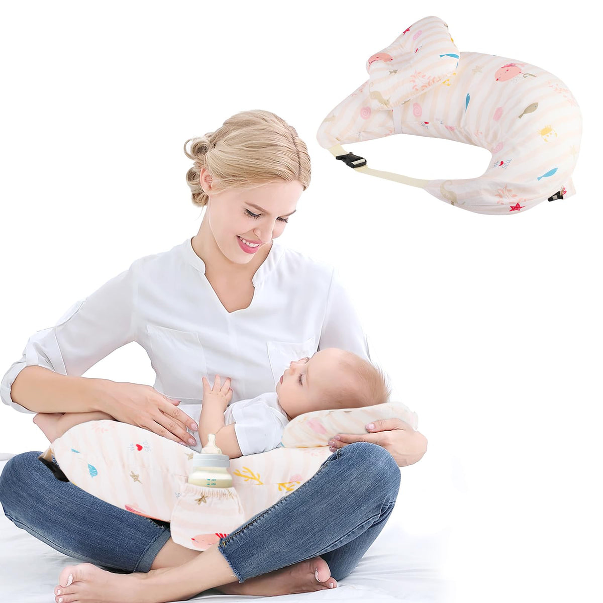 2 in 1 Nursing Pillow for Breastfeeding, Baby Feeding Cushion with Detachable Headrest, Multifunctional Breast Feeding Pillow with Adjustable Waist Strap for Baby Head & Mothers Lumbar Support(White)