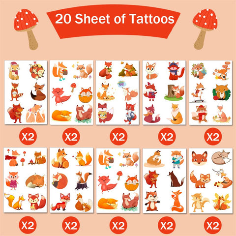 120pcs Fox Temporary Tattoos Fox Party Favor Woodland Animals Cute Cartoon Waterproof Fox Temporary Tattoo Sticker For Fox Birthday Party Decorations Supplies Children Boys Girls (20 Sheets)