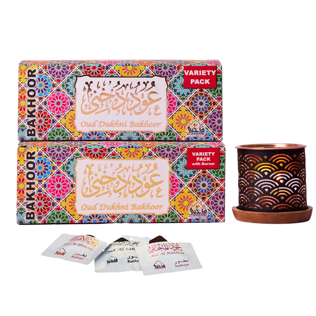 Oud Bakhoor Variety Box with Burner & Refill Box by Dukhni | 50 pieces | Authentic Arabic Bakhoor Incense | Gift Set & Starter Kit | Luxurious Long-Lasting Assorted Fragrances