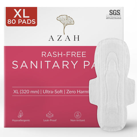 Azah Sanitary Pads for women | Bulk Pads Pack of 80 : All XL | Rash Free | Super 3x Absorbent | 100% Organic Cotton Pads | Unscented | Ultra Soft