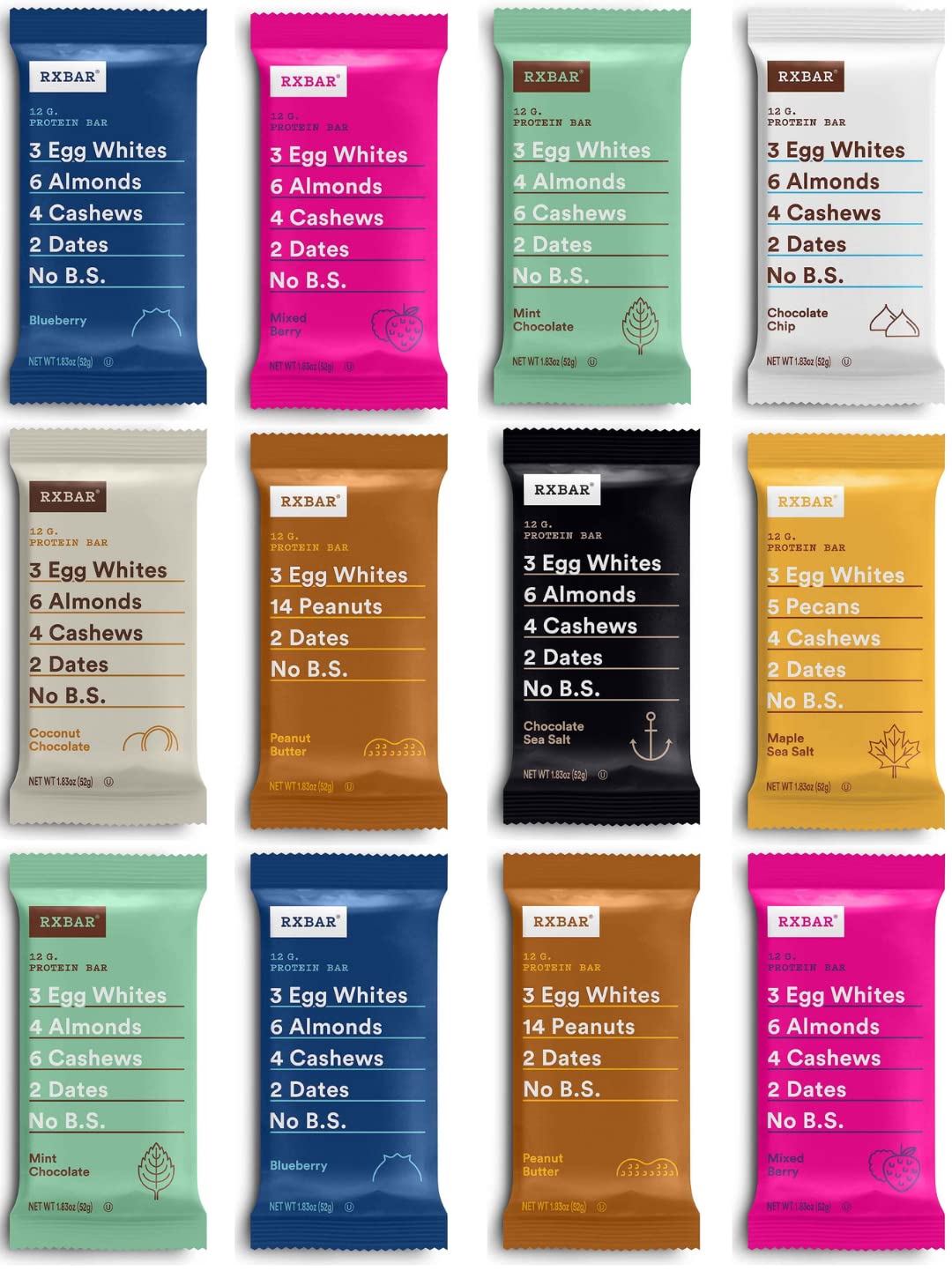RXBAR Variety Pack, Protein Bar, Gluten Free, High Protein Snack 1.83 Ounce (1 Count (12 Pack))