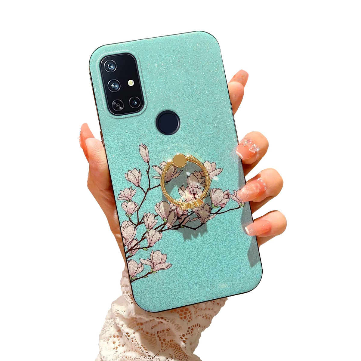 Easyscen Case for Oneplus Nord N10 5G, Cute Slim TPU Bumper Shockproof Protection Phone Case for Women Teen Girls with Gold Ring Stand Floral Flower Cover for Nord N10 5G - Gardenia/Sky Blue