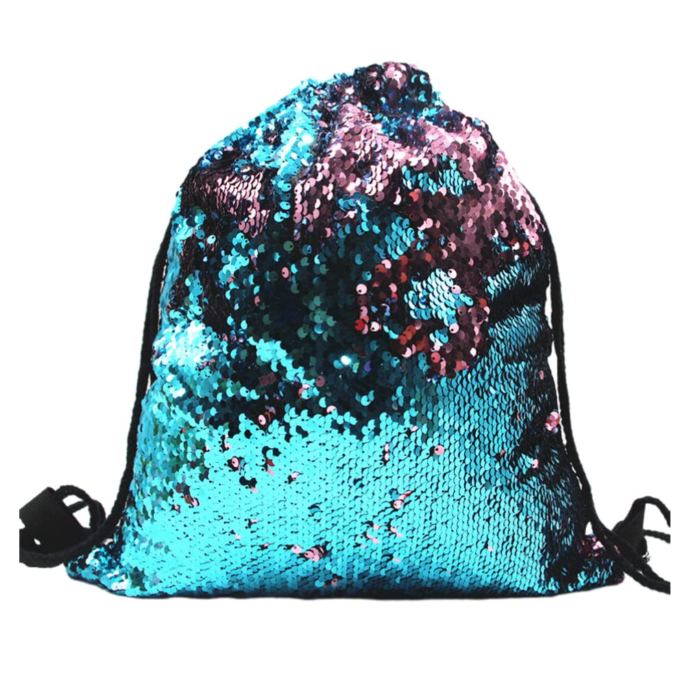 TENDYCOCO Kids Backpack Mermaid bag Polyester Drawstring Bag Sequin String Backpack Reversible Storage Sackpack (Blue and Light) Mermaid Gifts for Girls Drawstring Backpack
