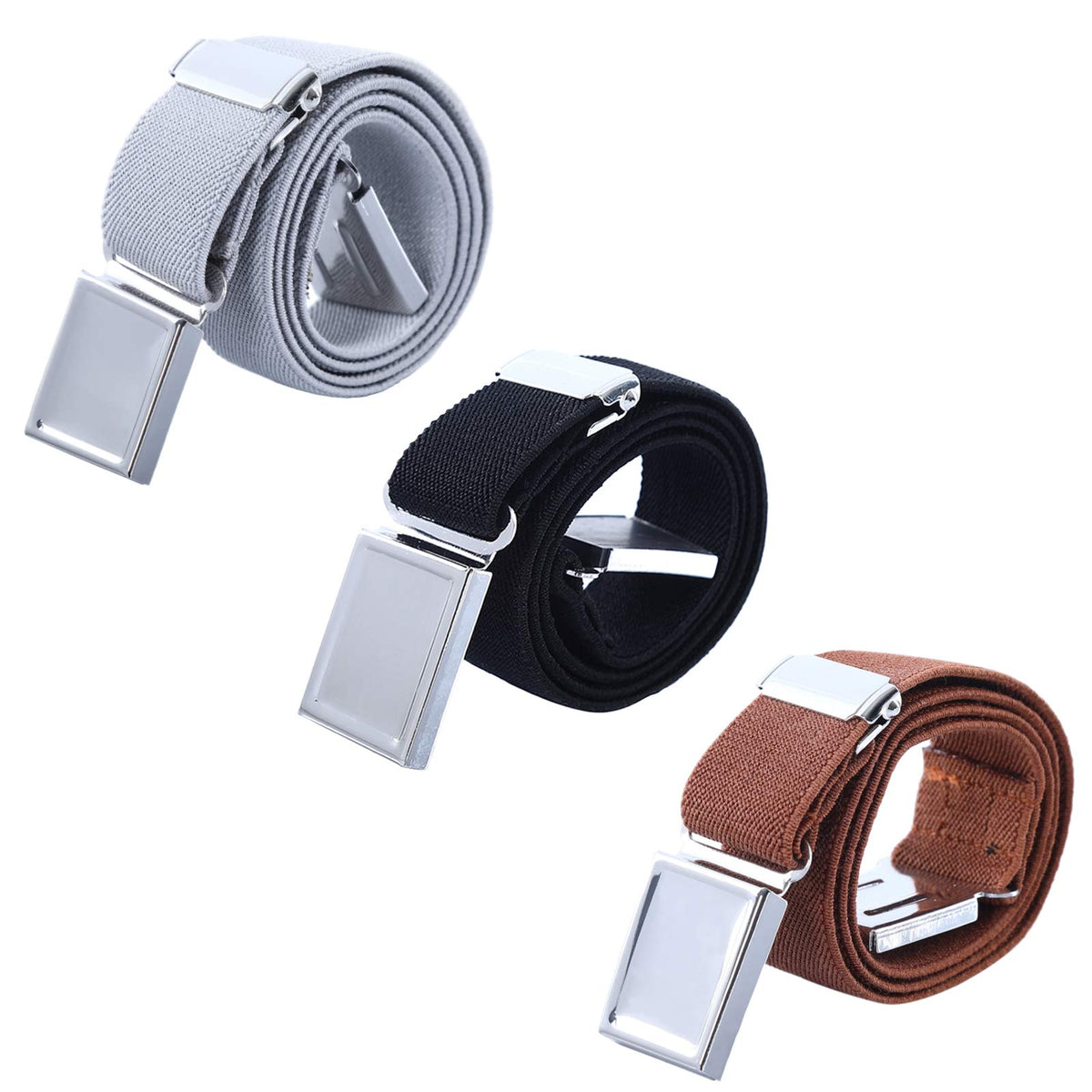 AWAYTR 3 PCS Kids Adjustable Magnetic Belts - Easy to Use Magnetic Buckle Belt for Boys and Girls (Gray/Black/Brown)